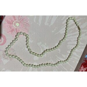 White Faux Pearl Round Glass Beaded Knotted Necklace Single Strand Costume 24in